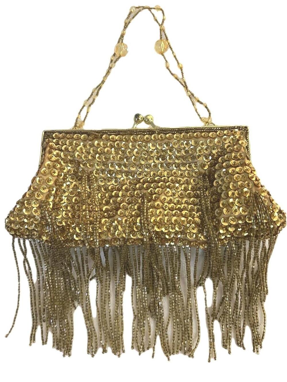 La Regale Gold Satin Sequins Evening Bag Kiss-lock Chain Strap Cascading Beads